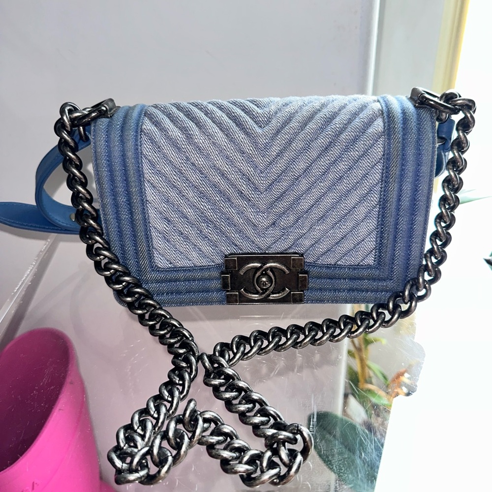 Chanel two tone denim chevron boy bag ruthenium hardware